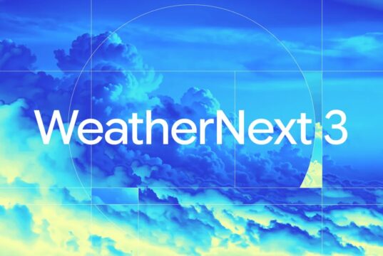Official WeatherNext 3 title over a blue and yellow satellite-style cloud field