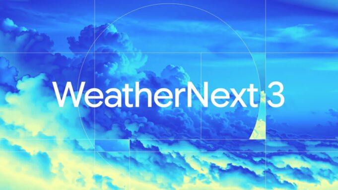 Official WeatherNext 3 title over a blue and yellow satellite-style cloud field