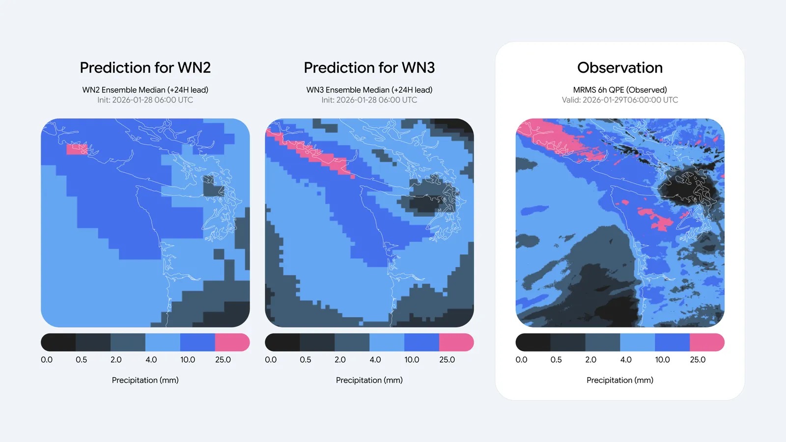 Official Google comparison of WeatherNext 2, WeatherNext 3, and satellite precipitation observations over a storm system