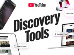 YouTube custom feeds and Ask YouTube discovery tools shown on phone, tablet, and laptop screens