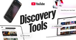 YouTube custom feeds and Ask YouTube discovery tools shown on phone, tablet, and laptop screens
