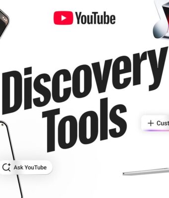 YouTube custom feeds and Ask YouTube discovery tools shown on phone, tablet, and laptop screens