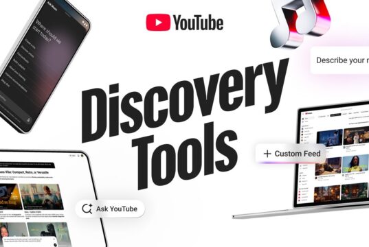 YouTube custom feeds and Ask YouTube discovery tools shown on phone, tablet, and laptop screens