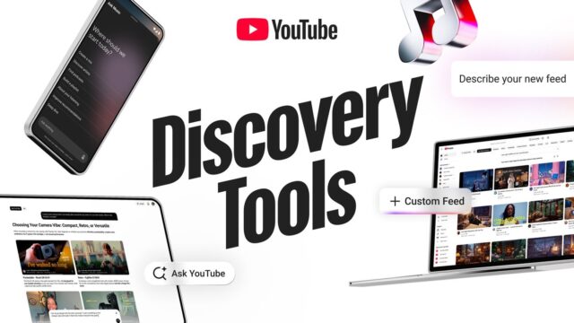 YouTube custom feeds and Ask YouTube discovery tools shown on phone, tablet, and laptop screens