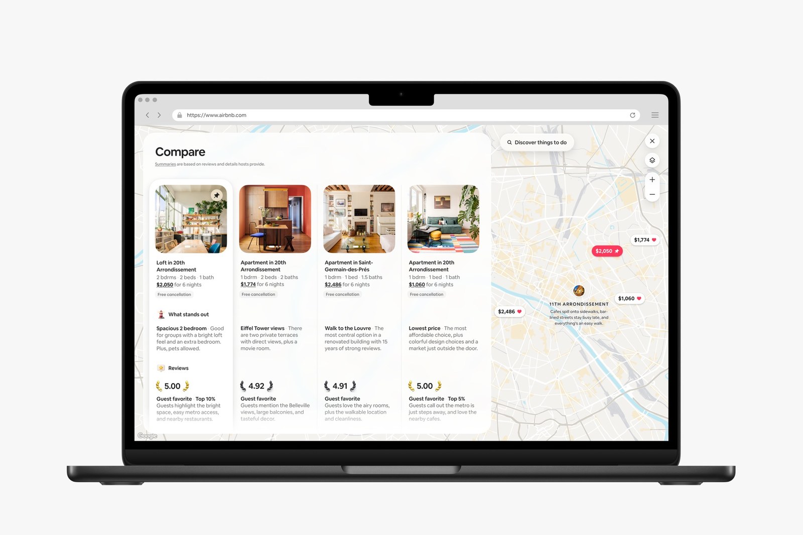 Airbnb Compare view on a laptop showing four Paris apartments side by side next to a map