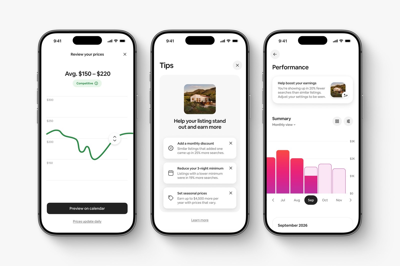 Three phone screens showing Airbnb host tools for price ranges, listing tips, and an earnings performance chart