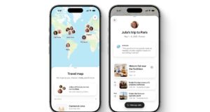 Airbnb Travel Map on two phones showing connections' trips on a world map and a friend's trip to Paris