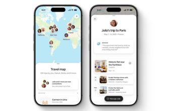 Airbnb Travel Map on two phones showing connections' trips on a world map and a friend's trip to Paris