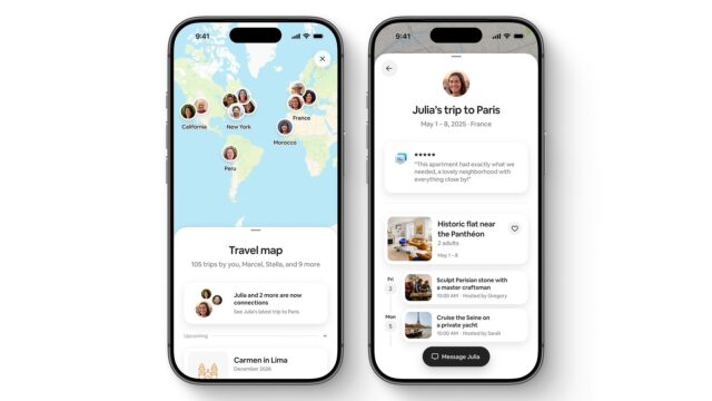 airbnb-travel-map Airbnb Travel Map on two phones showing connections' trips on a world map and a friend's trip to Paris