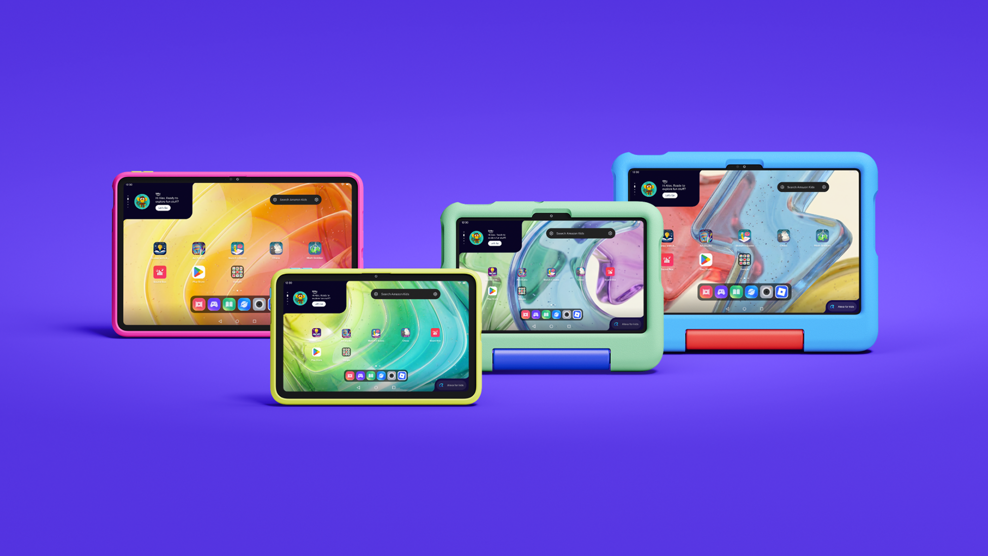 Four Amazon Kids Tablets showing their home screens in slim cases and soft bumper cases with handles