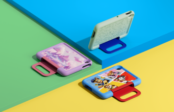 Amazon Kids Tablets 2026 Start at $229.99: What Changes for Families Three Amazon Kids Tablets in soft bumper cases with grab handles, one showing Paw Patrol artwork