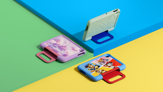 amazon-kids-tablets-kid-proof-case-hero Three Amazon Kids Tablets in soft bumper cases with grab handles, one showing Paw Patrol artwork