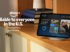 Amazon promotional graphic showing an Echo Show smart display with the text Alexa+ Available to everyone in the U.S. Free with Prime membership