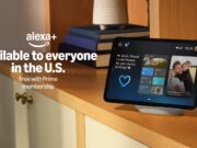 Amazon promotional graphic showing an Echo Show smart display with the text Alexa+ Available to everyone in the U.S. Free with Prime membership