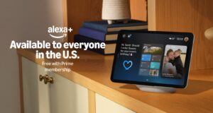 Amazon Prime Alexa+ Upgrade Is Included Free for Full Members Amazon promotional graphic showing an Echo Show smart display with the text Alexa+ Available to everyone in the U.S. Free with Prime membership