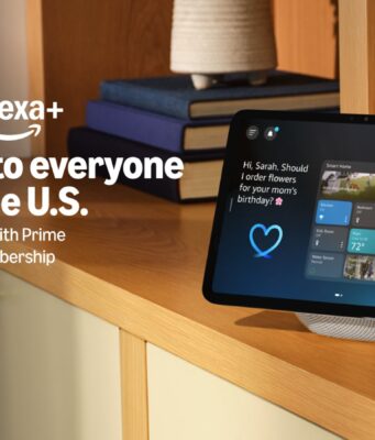 Amazon promotional graphic showing an Echo Show smart display with the text Alexa+ Available to everyone in the U.S. Free with Prime membership