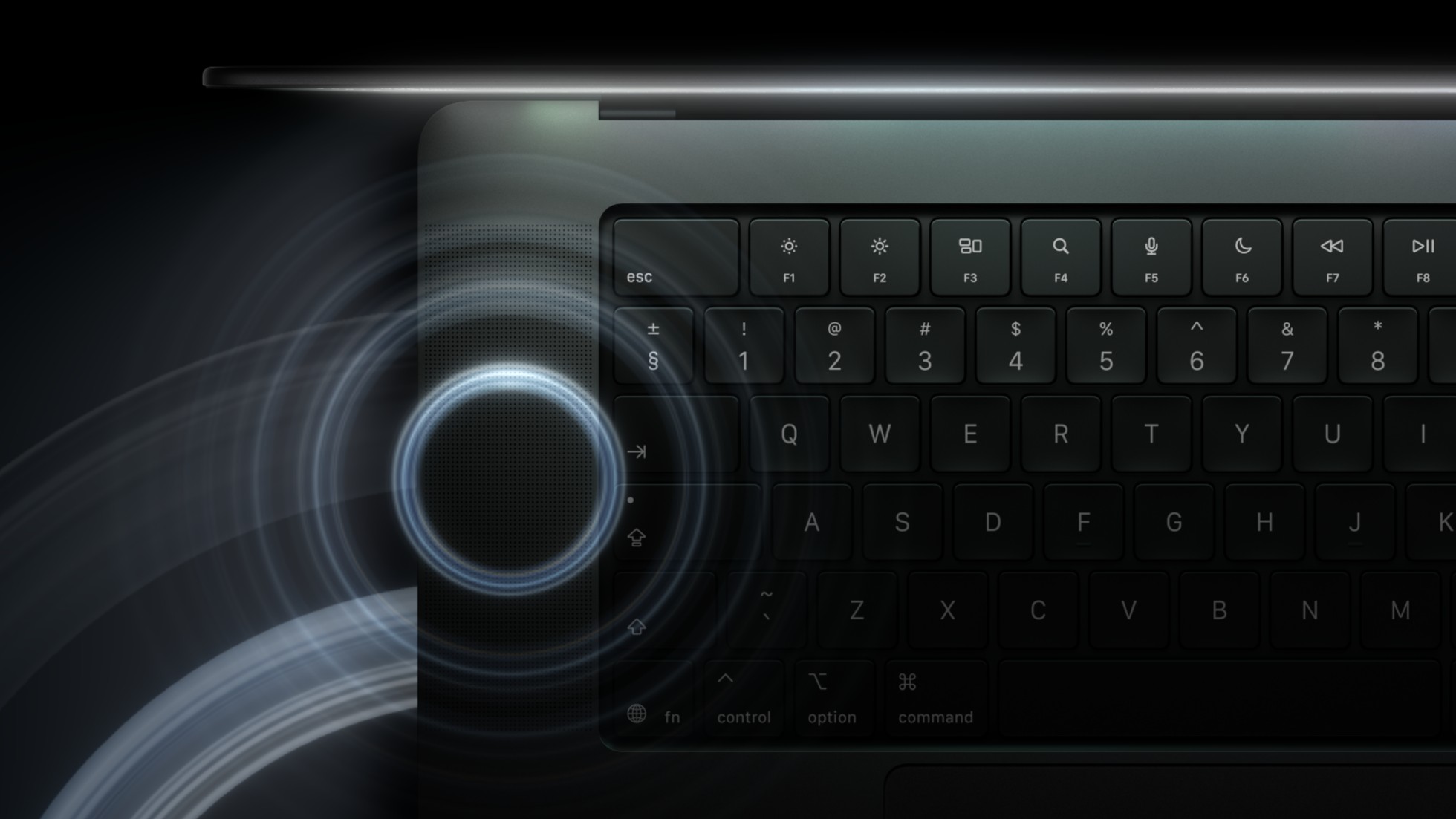 A close crop of the left speaker grille and part of the keyboard on a MacBook Pro, with concentric blue sound rings radiating from the grille