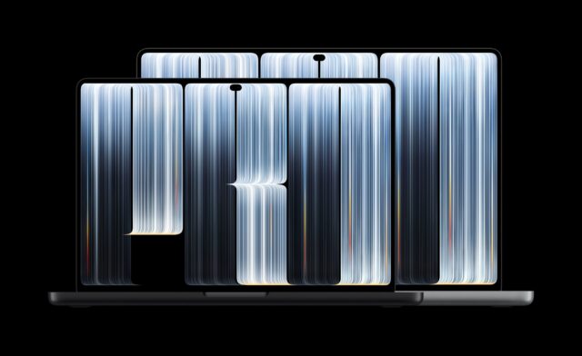 apple-macbook-pro-proled-xdr-display-family-lineup Two space-black MacBook Pro laptops with PROLED XDR Display, screens open, shown front-on against a black background