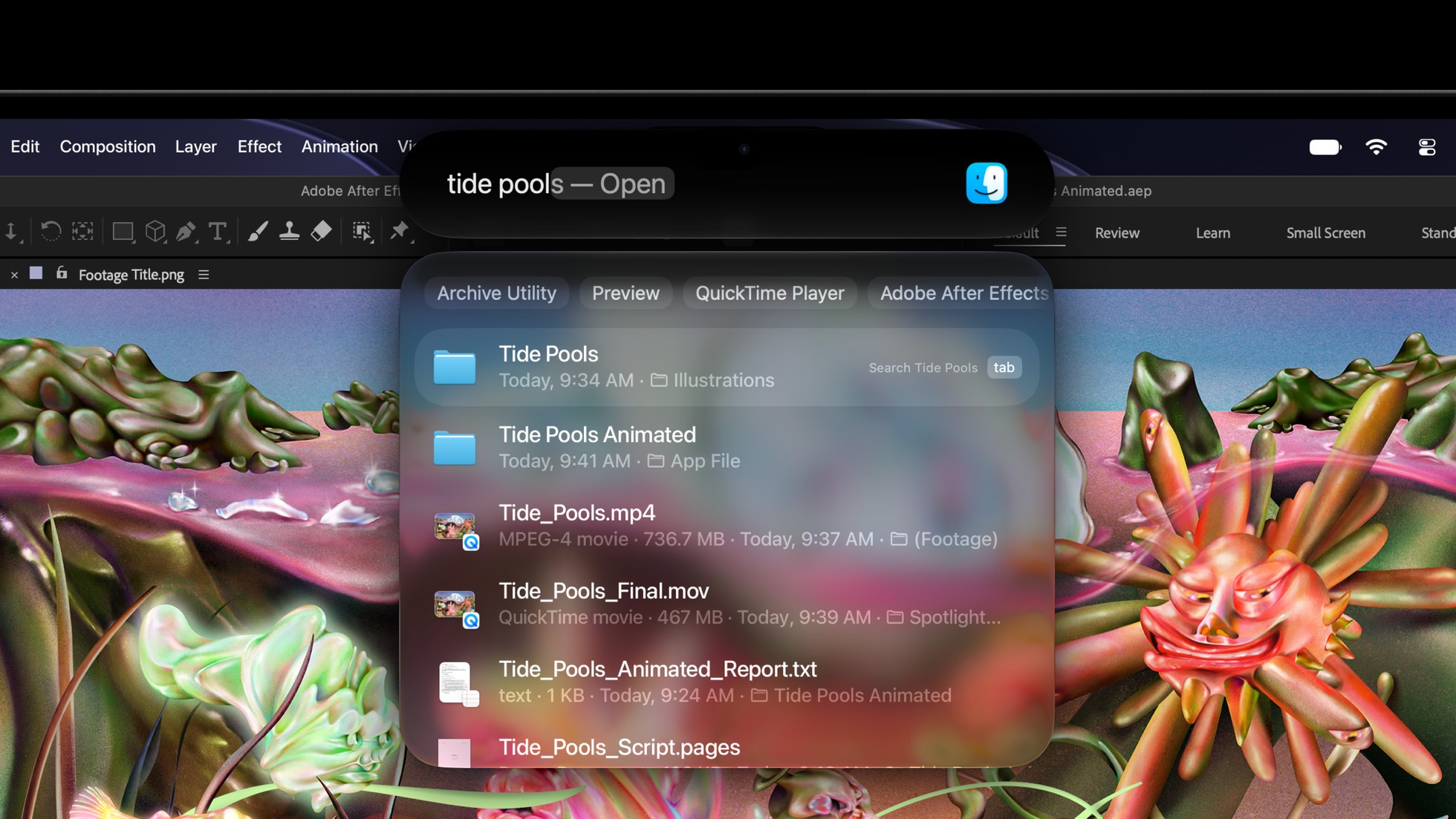 A close-up of the Dynamic Island on a MacBook Pro showing a Spotlight search for tide pools with a list of matching files