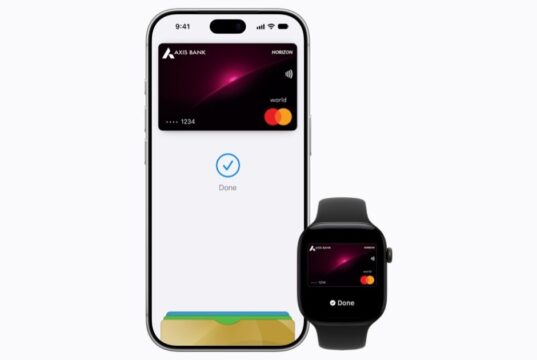 iPhone 18 Pro and Apple Watch Series 12 showing an Axis Bank credit card in Apple Pay in India