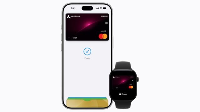 iPhone 18 Pro and Apple Watch Series 12 showing an Axis Bank credit card in Apple Pay in India