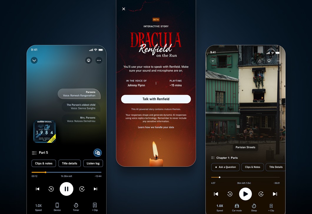 Audible app screens showing the Character Guide, the Interactive Story launch screen for Dracula and the Visual Explorer