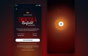 Audible Interactive Story Lets You Talk to Renfield by Voice, but Only in a US and UK Beta Audible app screen for the Interactive Story Dracula: Renfield on the Run with a Beta badge, a Talk with Renfield button and a mature themes note