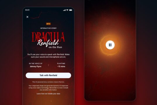 Audible app screen for the Interactive Story Dracula: Renfield on the Run with a Beta badge, a Talk with Renfield button and a mature themes note
