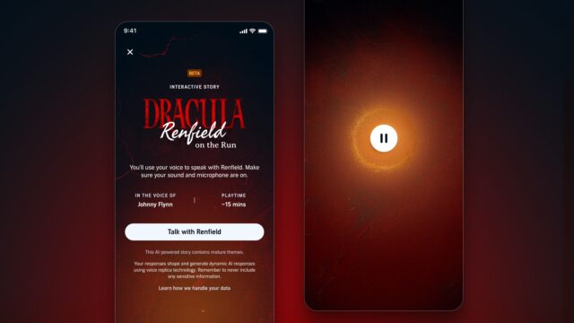 audible-interactive-story-renfield-on-the-run Audible app screen for the Interactive Story Dracula: Renfield on the Run with a Beta badge, a Talk with Renfield button and a mature themes note