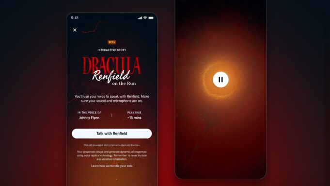 Audible Interactive Story Lets You Talk to Renfield by Voice, but Only in a US and UK Beta Audible app screen for the Interactive Story Dracula: Renfield on the Run with a Beta badge, a Talk with Renfield button and a mature themes note