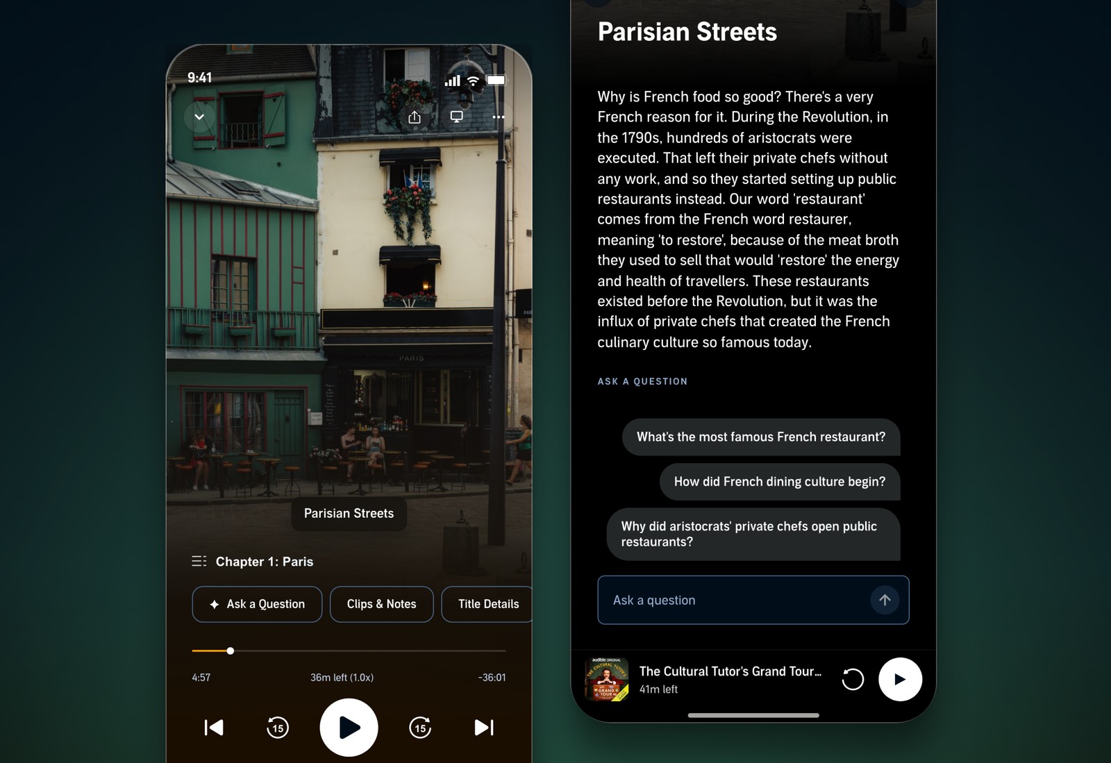 Audible Visual Explorer showing a Parisian street scene with a question and answer panel about French restaurants