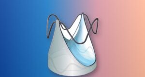 AUTUS valve expanded-state device render on a colorful editorial background