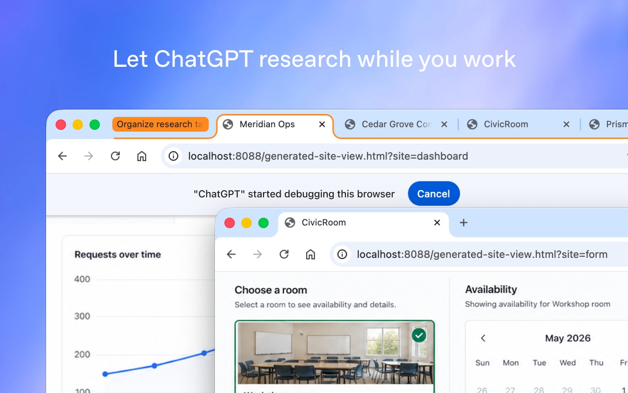 OpenAI screenshot showing the browser extension organizing research tabs in Chrome