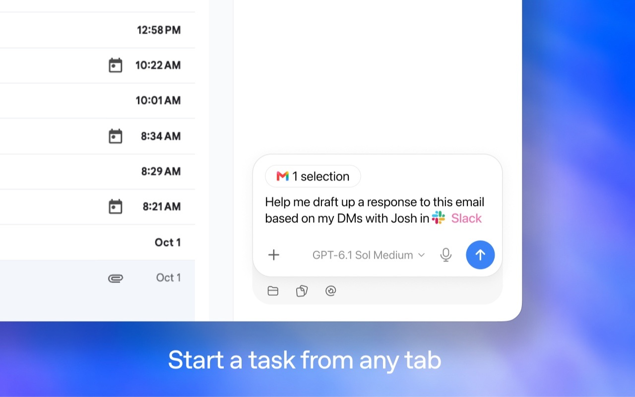OpenAI screenshot showing a prompt box starting a task from a browser tab with Gmail and Slack connected