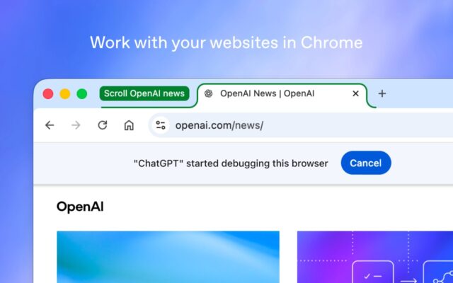 chatgpt-chrome-extension-work-websites-hero ChatGPT Chrome extension controlling a browser tab alongside OpenAI news