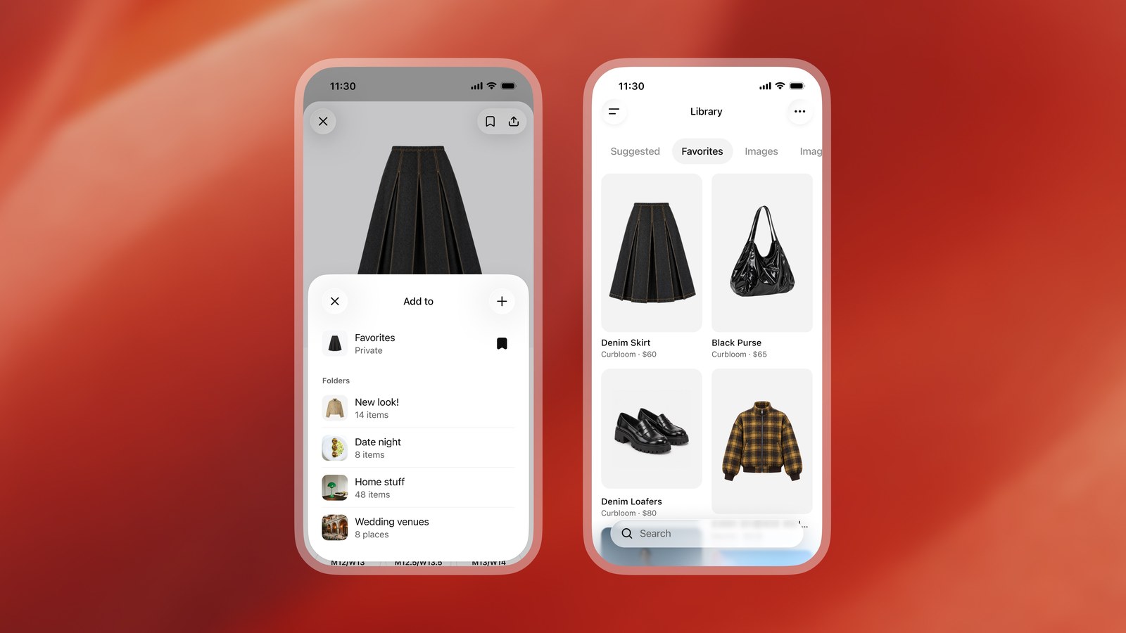 ChatGPT screens showing a product being saved to Favorites and the Library view with saved clothing items