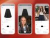 ChatGPT virtual try-on shown on three phones: the Try on button, the selfie step, and the generated image of a woman wearing a denim skirt