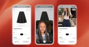ChatGPT virtual try-on shown on three phones: the Try on button, the selfie step, and the generated image of a woman wearing a denim skirt