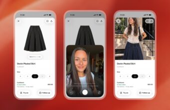 ChatGPT virtual try-on shown on three phones: the Try on button, the selfie step, and the generated image of a woman wearing a denim skirt
