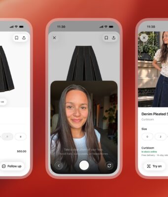 ChatGPT Virtual Try-On Saves Your Selfie: What to Know Before You Upload ChatGPT virtual try-on shown on three phones: the Try on button, the selfie step, and the generated image of a woman wearing a denim skirt