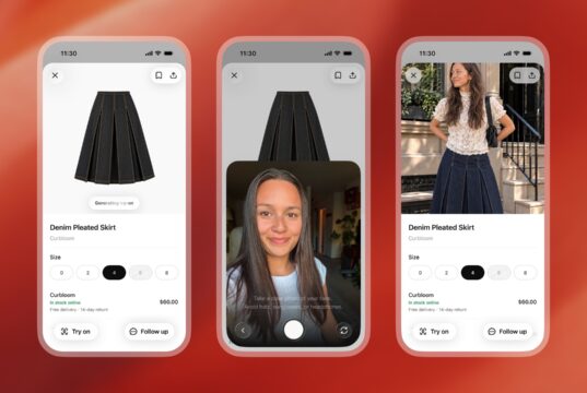 ChatGPT virtual try-on shown on three phones: the Try on button, the selfie step, and the generated image of a woman wearing a denim skirt