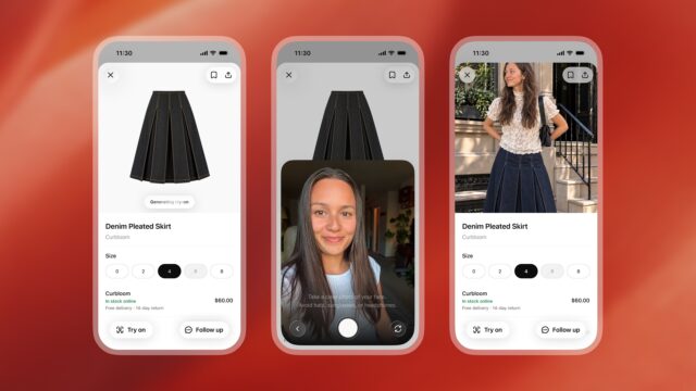 chatgpt-virtual-try-on-openai ChatGPT virtual try-on shown on three phones: the Try on button, the selfie step, and the generated image of a woman wearing a denim skirt