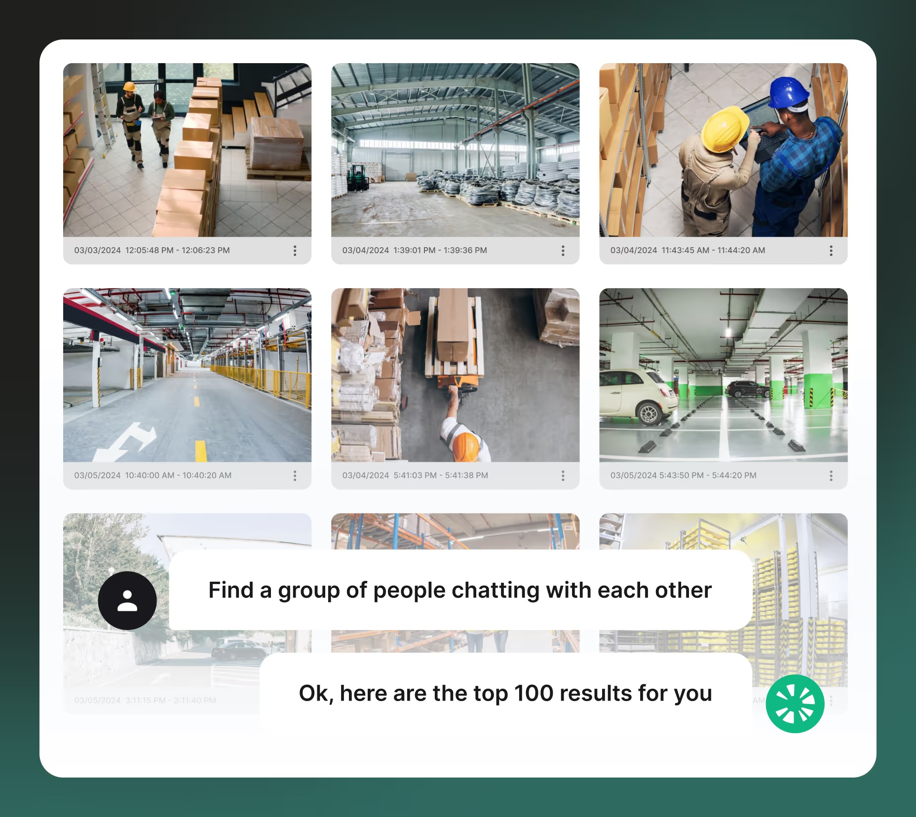 Coram Discover video-search interface showing camera thumbnails and a natural-language query