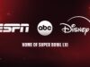 ESPN, ABC, and Disney+ logos on a red Super Bowl LXI lockup