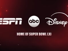 ESPN, ABC, and Disney+ logos on a red Super Bowl LXI lockup