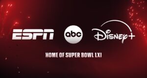 Disney+ Super Bowl LXI Stream Adds Two MNF Games ESPN, ABC, and Disney+ logos on a red Super Bowl LXI lockup