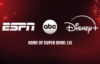 Disney+ Super Bowl LXI Stream Adds Two MNF Games ESPN, ABC, and Disney+ logos on a red Super Bowl LXI lockup