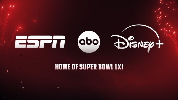 ESPN, ABC, and Disney+ logos on a red Super Bowl LXI lockup