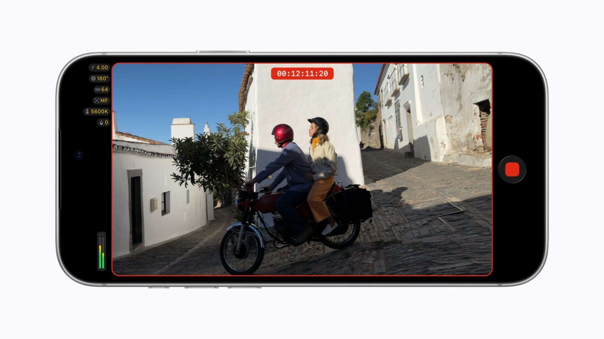 iPhone 18 Pro recording a motorbike scene in Final Cut Camera with a red frame and a timecode tally light