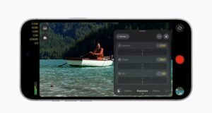 iPhone 18 Pro showing the Final Cut Camera exposure panel with aperture, shutter and ISO controls over a rowing boat scene